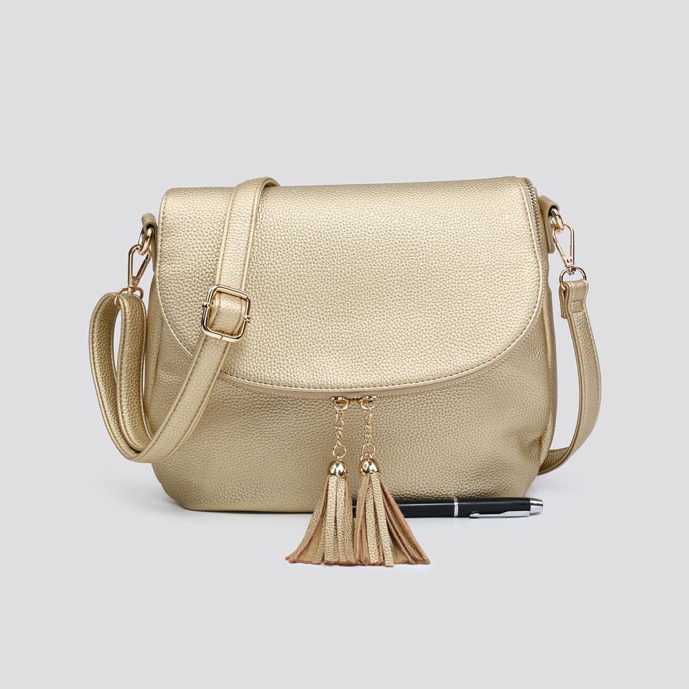 Faux Leather Flap Over Crossbody Bag with Tassel Zipper