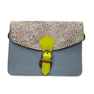 Pale Blue Dalmatian Leather Crossbody with Yellow Buckle