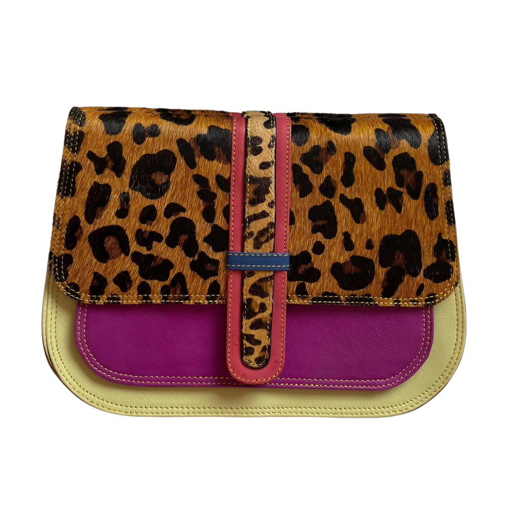 Yellow and Pink Leather Animal Print Crossbody Bag