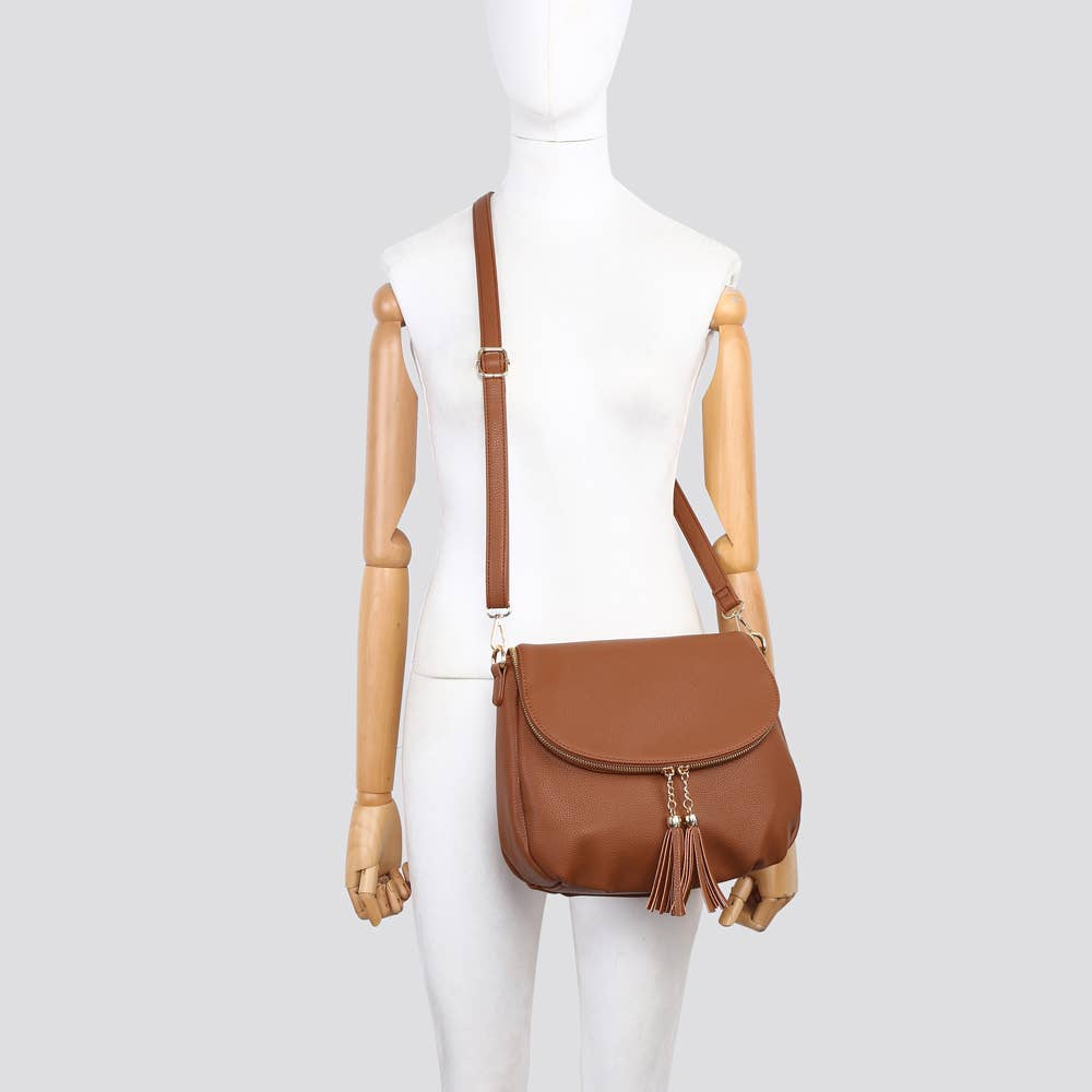 Faux Leather Flap Over Crossbody Bag with Tassel Zipper