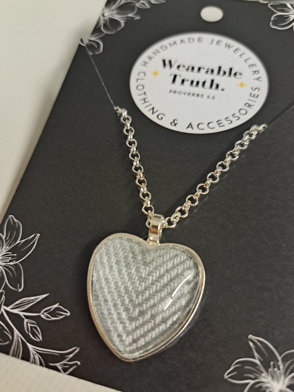 Linen herringbone heart pendant