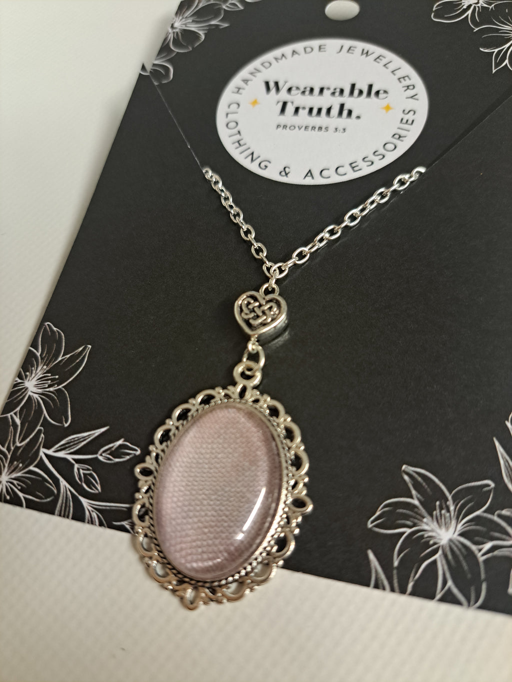 Lilac Irish Linen oval pendant with celtic heart - To order