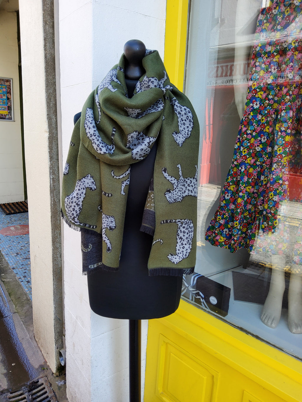 Olive snow leopard blanket scarf
