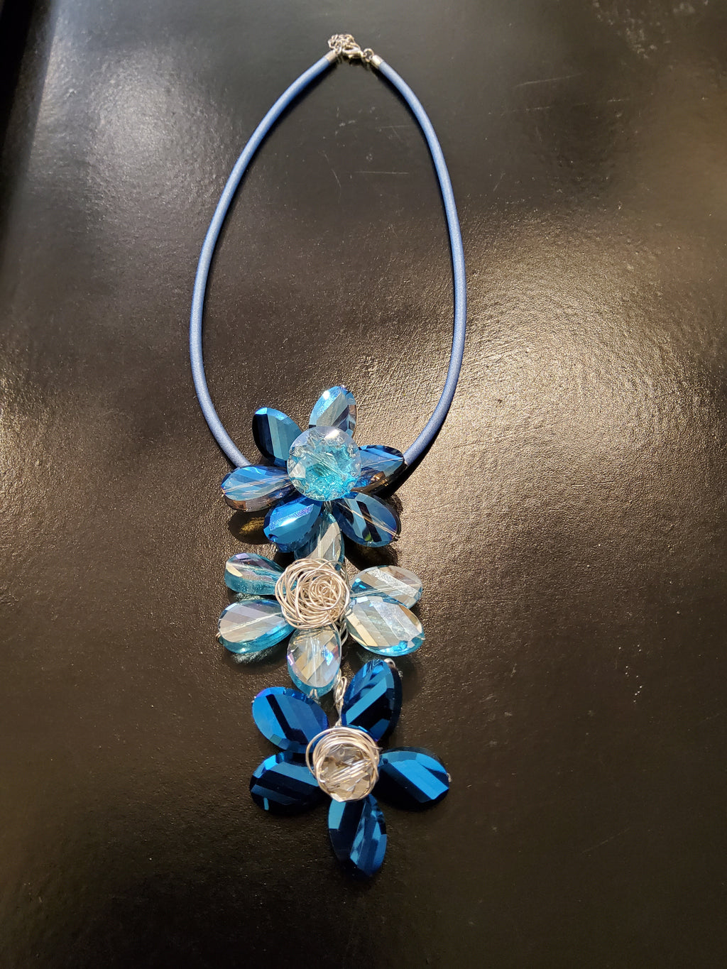 Blue Crystal Hand-wired Flower Trio Statement Necklace