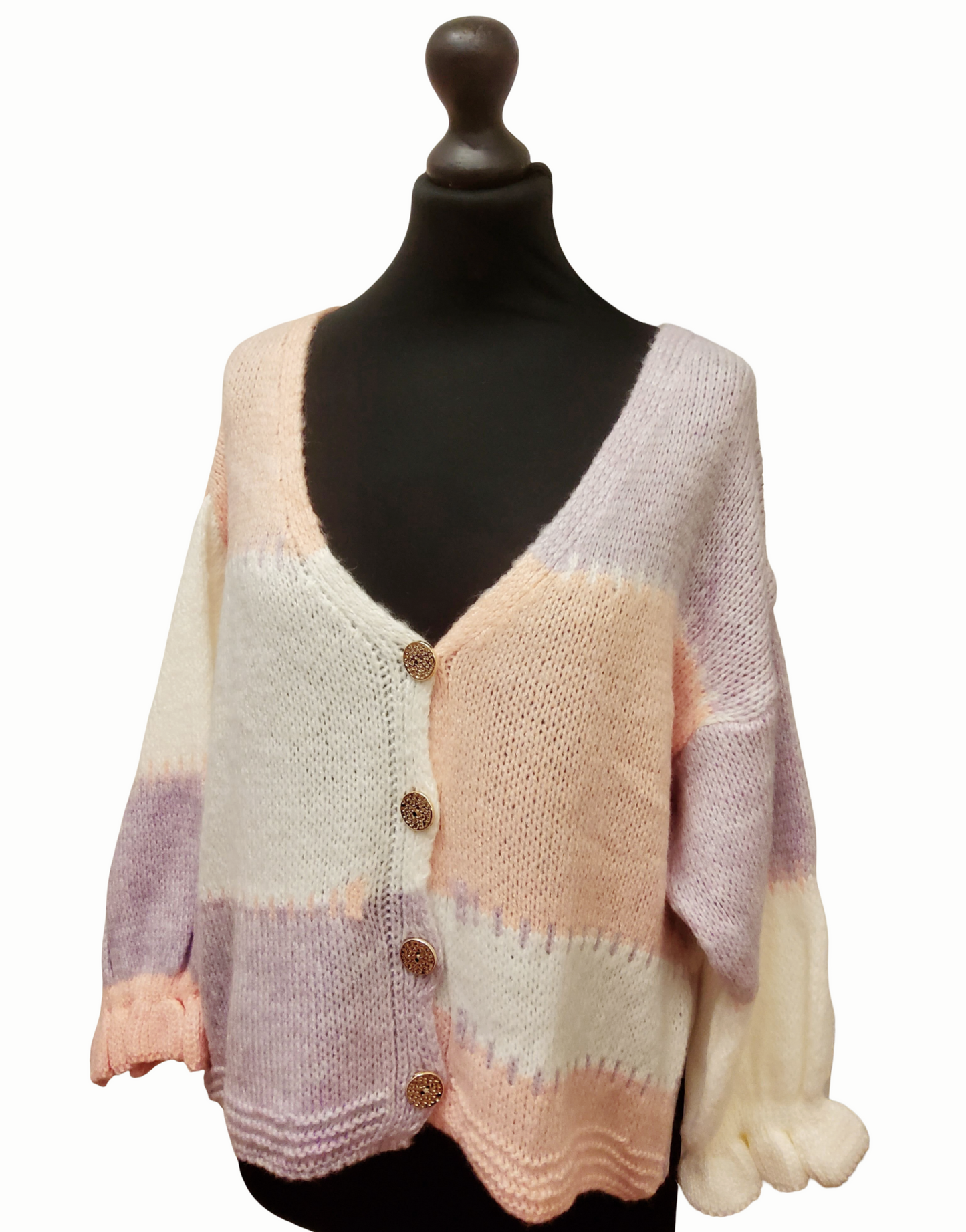 Patchwork style cardigan - coral, lilac, cream