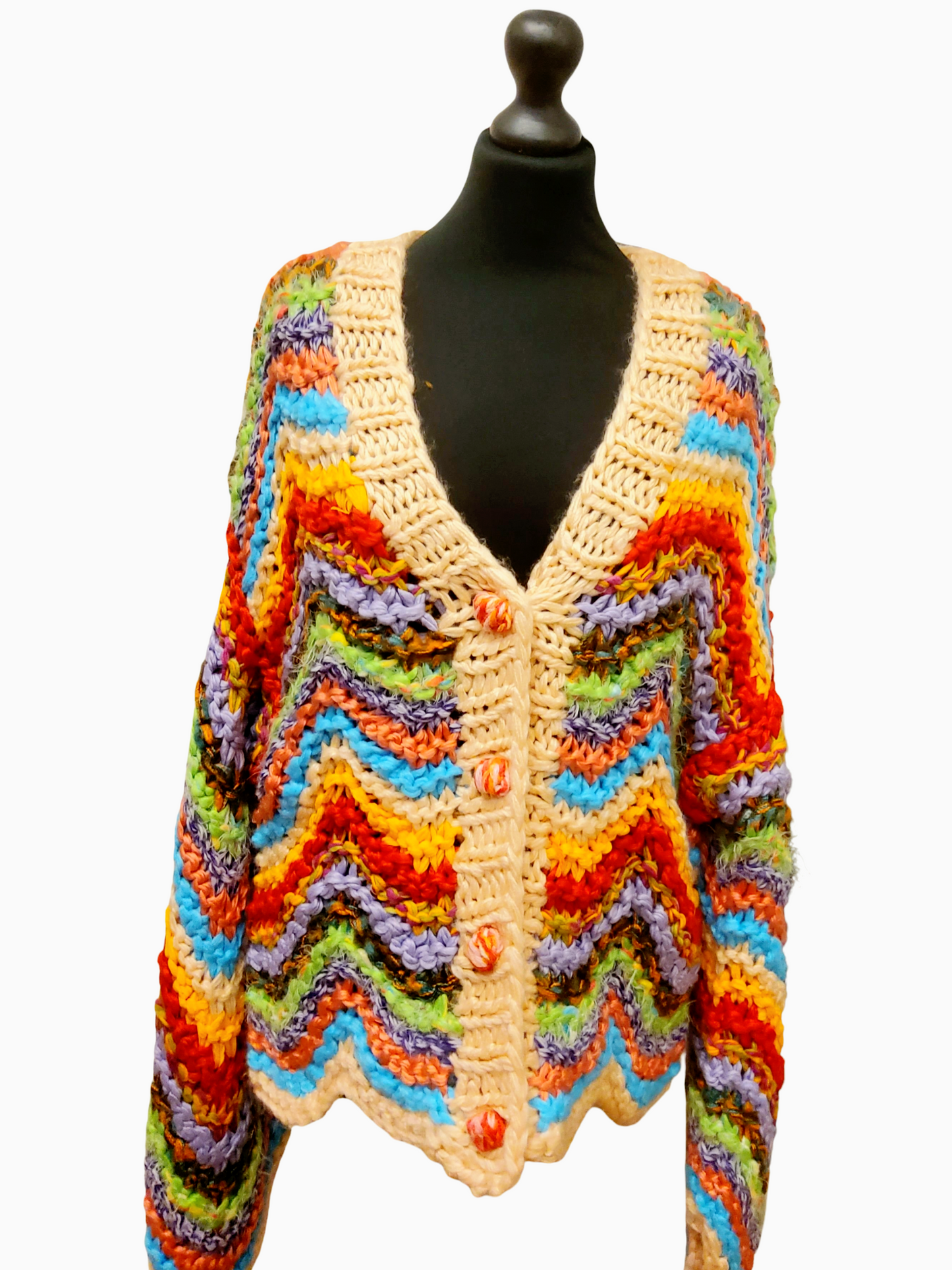 Multicoloured Zigzag Knitted Chunky Cardigan