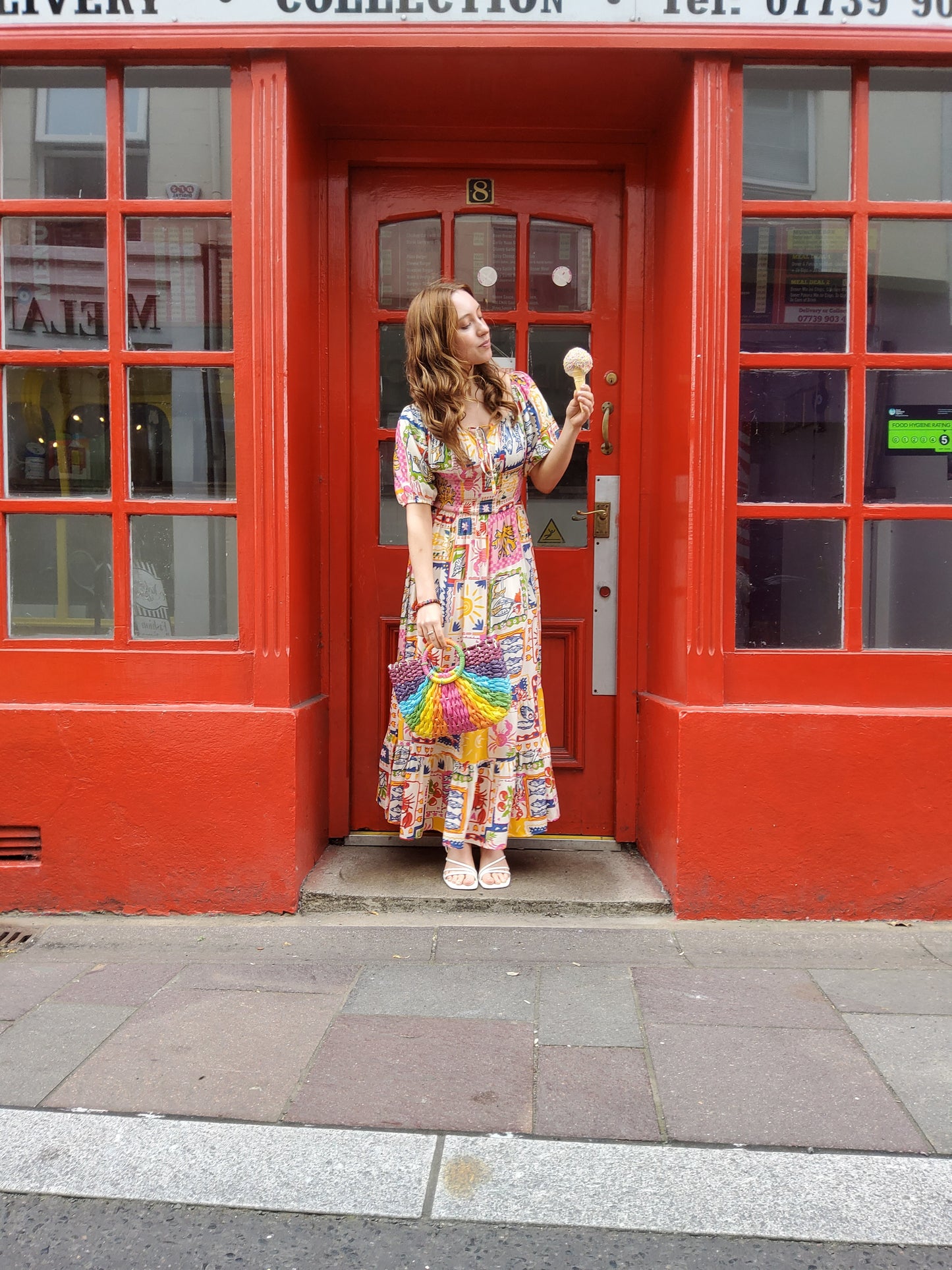 Tie Front Shirred Postcard Print Midi Dress