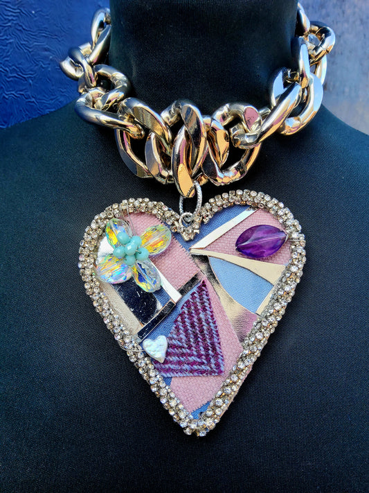 Statement Irish linen & Harris tweed heart necklace on chunky chain