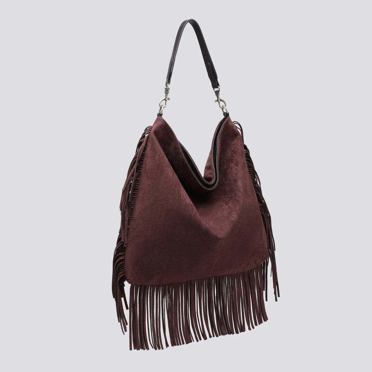 Faux Suede Slouchy Shoulder Bag with Fringing