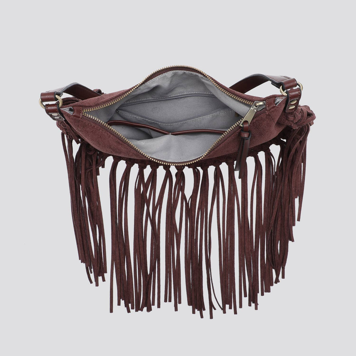 Faux Suede Wine Crossbody Bag with Fringing