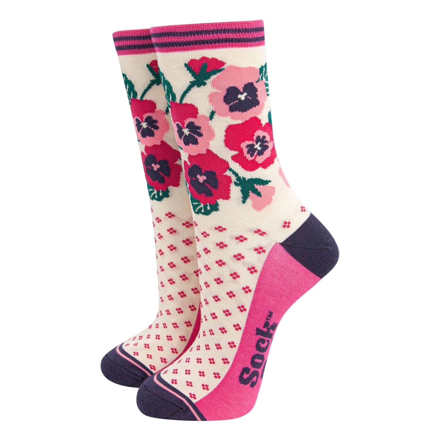 Women's Bamboo Socks - Cream/Pink, Pansies