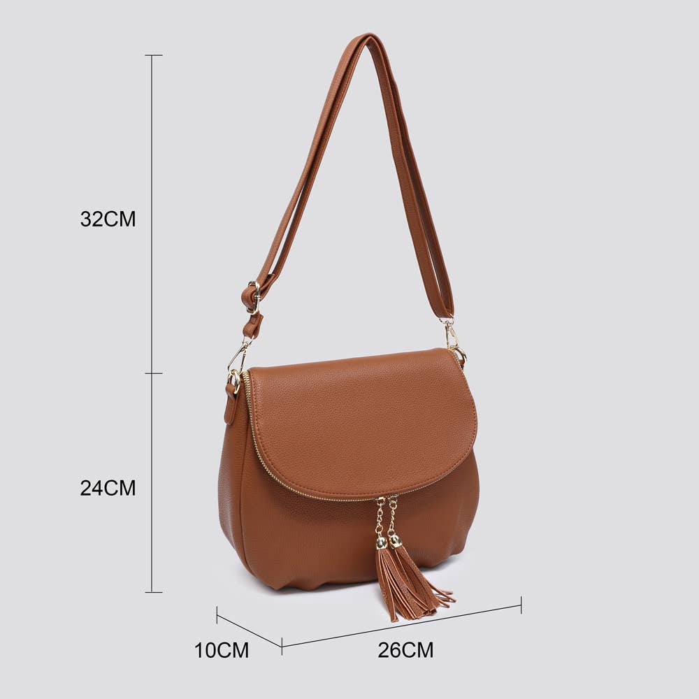 Faux Leather Flap Over Crossbody Bag with Tassel Zipper