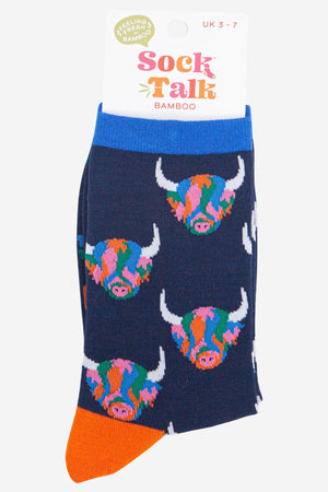 Women's Rainbow Highland Cow Print Bamboo Socks in Navy Blue