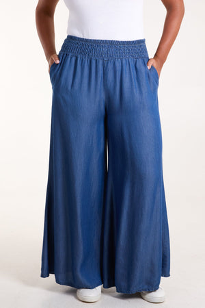 Denim Style Elasticated Wide Leg Trousers