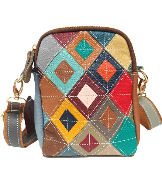 Stained Glass Window Inspired Leather Multicoloured Patchwork Double Zipper Small Bag