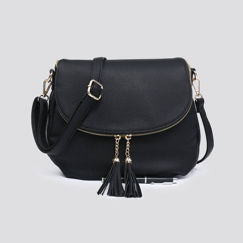 Faux Leather Flap Over Crossbody Bag with Tassel Zipper