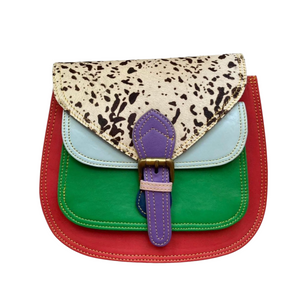 Red, Green and Blue Leather Half Moon Crossbody with Dalmatian Print Flap