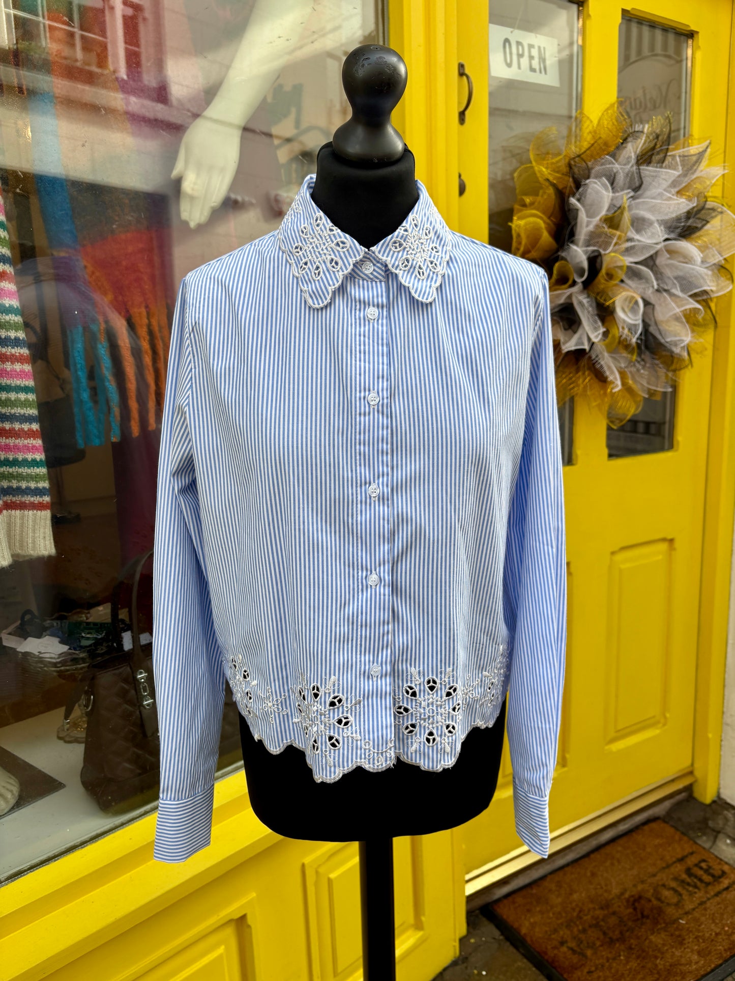 Blue and white striped shirt with lace detail