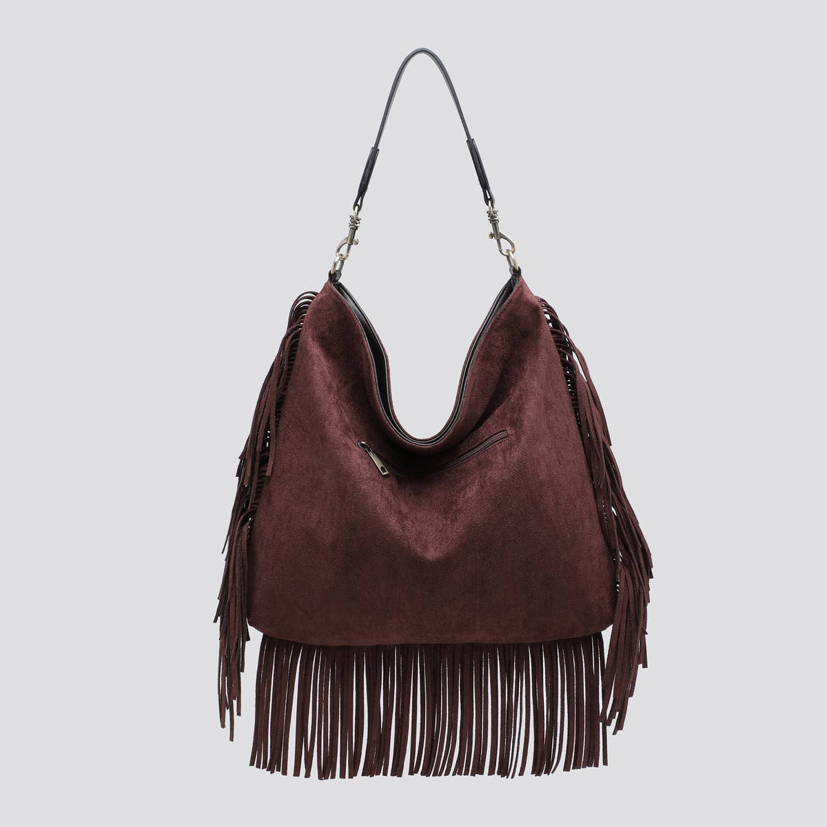 Faux Suede Slouchy Shoulder Bag with Fringing