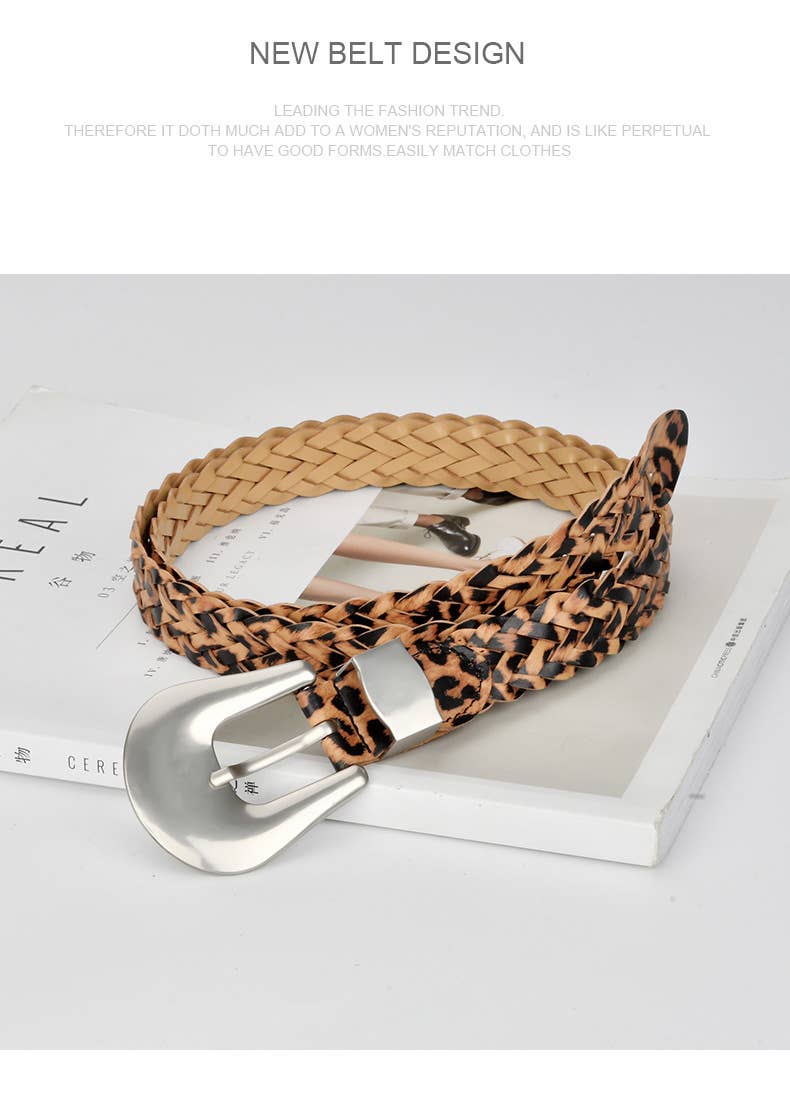 Woven Leopard Print Belt with Silver Buckle