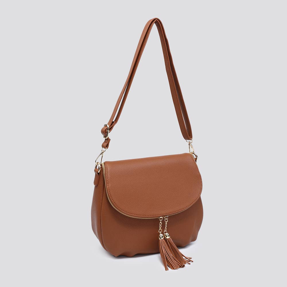 Faux Leather Flap Over Crossbody Bag with Tassel Zipper