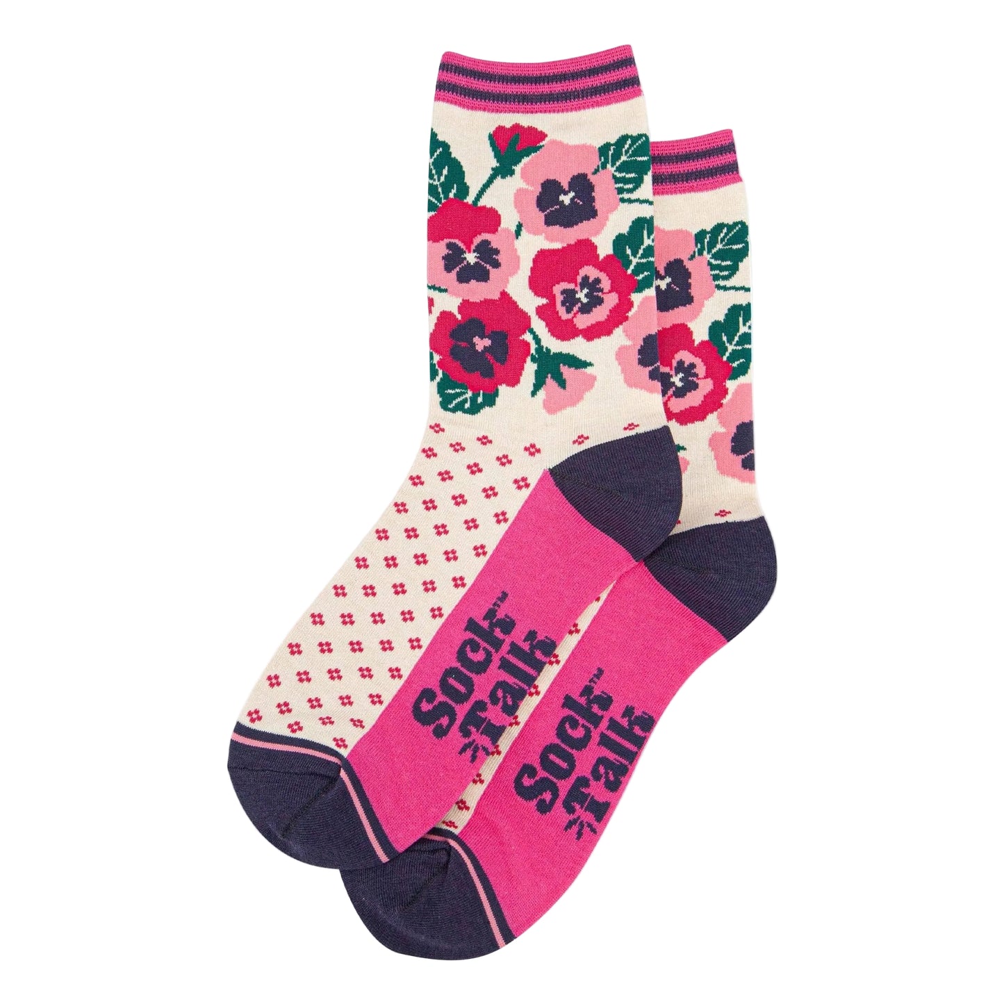 Women's Bamboo Socks - Cream/Pink, Pansies