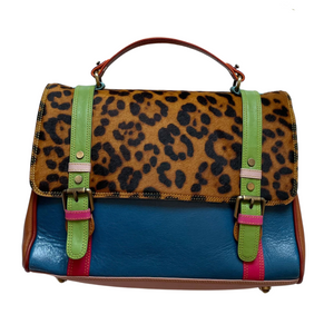 Blue Animal Print Leather Laptop Bag with Green Buckles