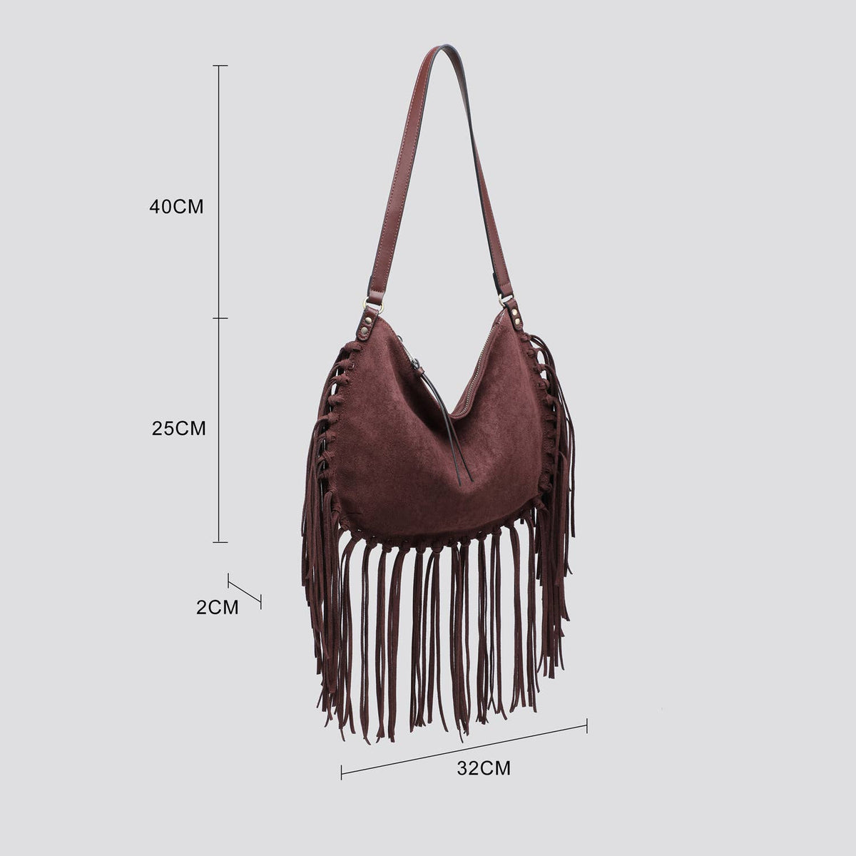 Faux Suede Wine Crossbody Bag with Fringing