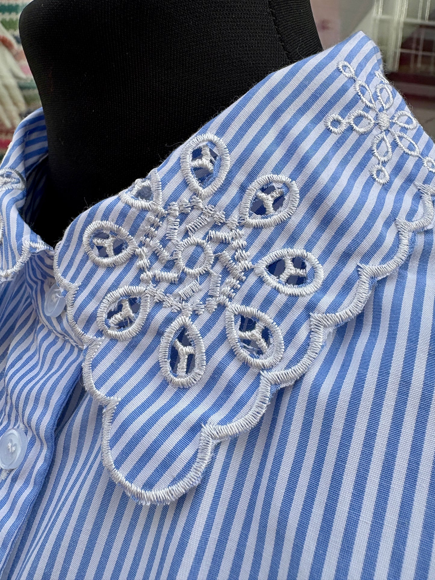 Blue and white striped shirt with lace detail
