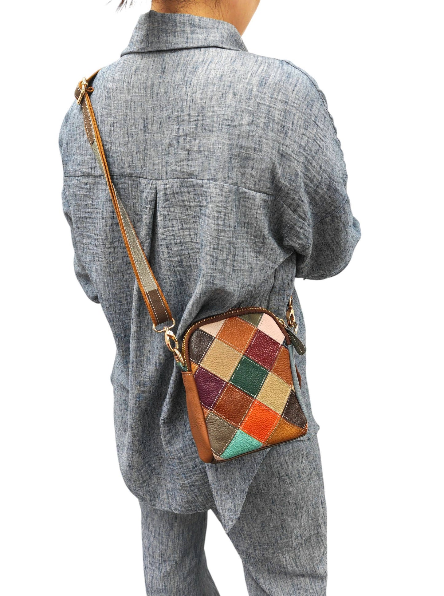 Stained Glass Window Inspired Leather Multicoloured Patchwork Double Zipper Small Bag