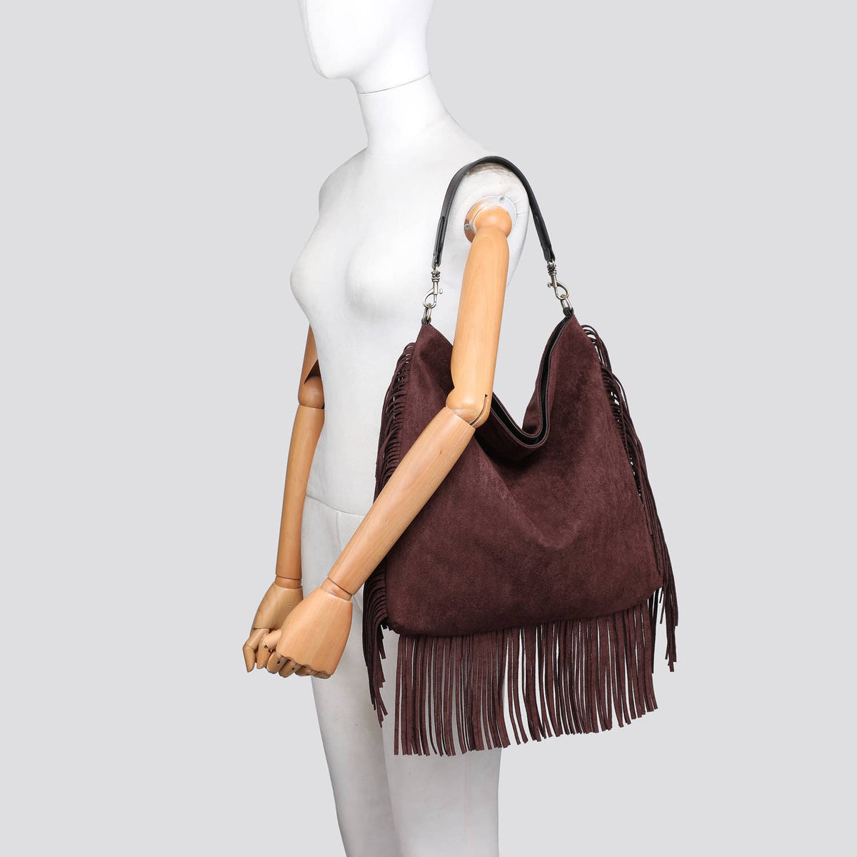 Faux Suede Slouchy Shoulder Bag with Fringing