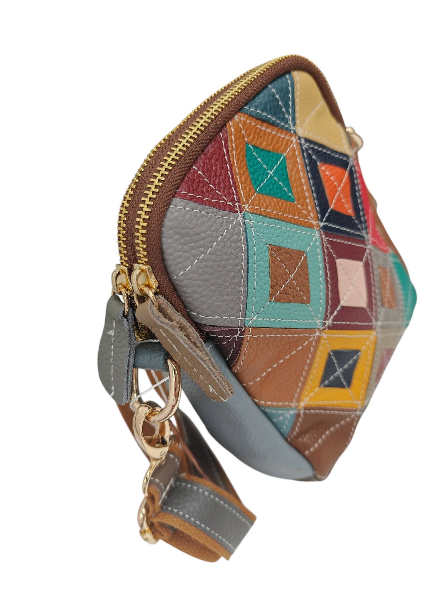 Stained Glass Window Inspired Leather Multicoloured Patchwork Double Zipper Small Bag