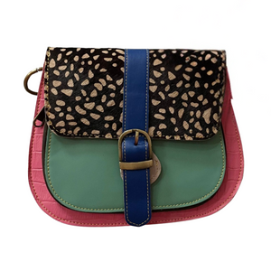 Pink and Green Half Moon Leather Crossbody Bag