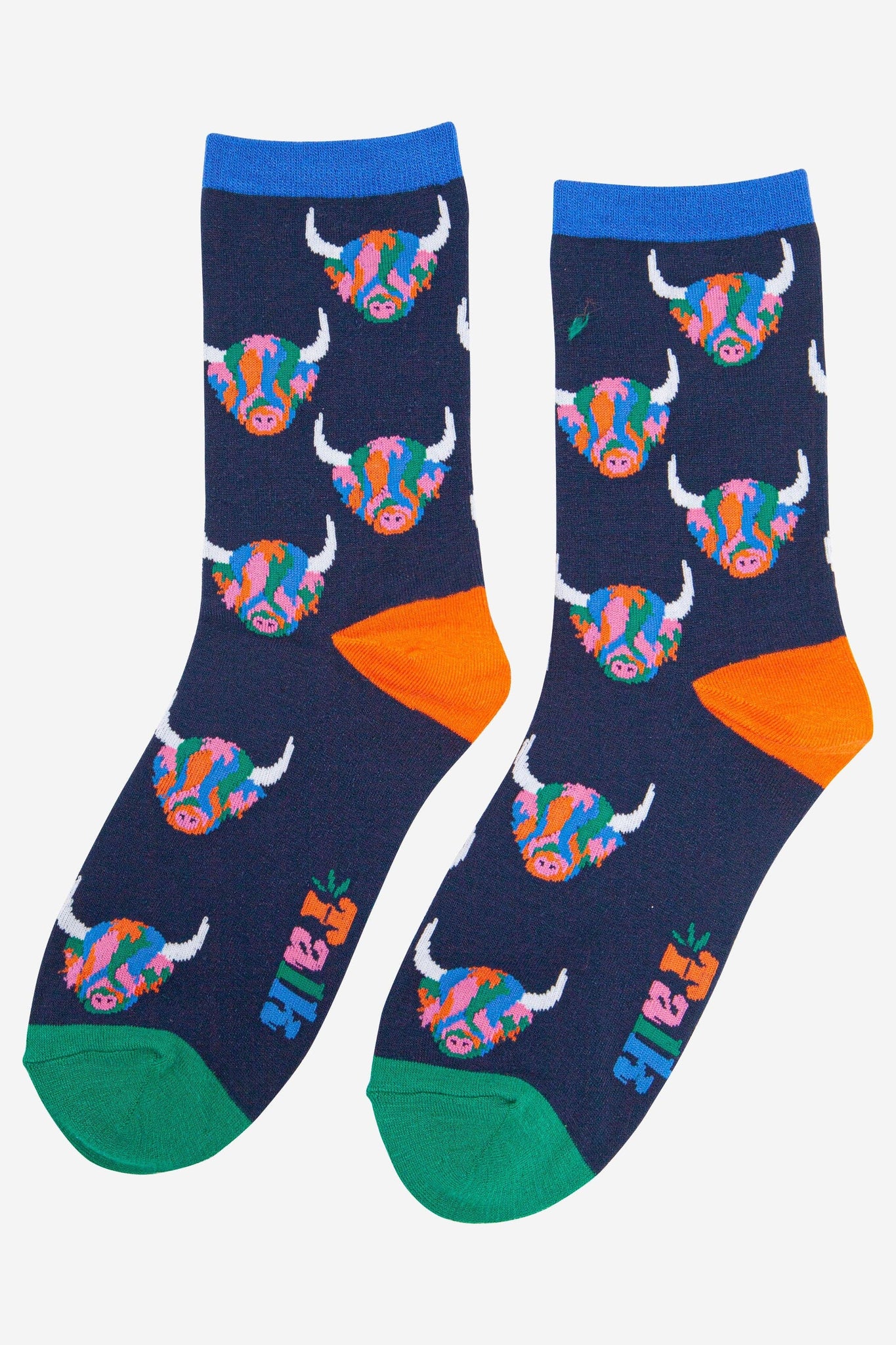 Women's Rainbow Highland Cow Print Bamboo Socks in Navy Blue