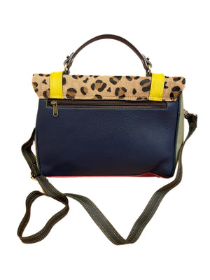 Animal print green and bright yellow leather satchel