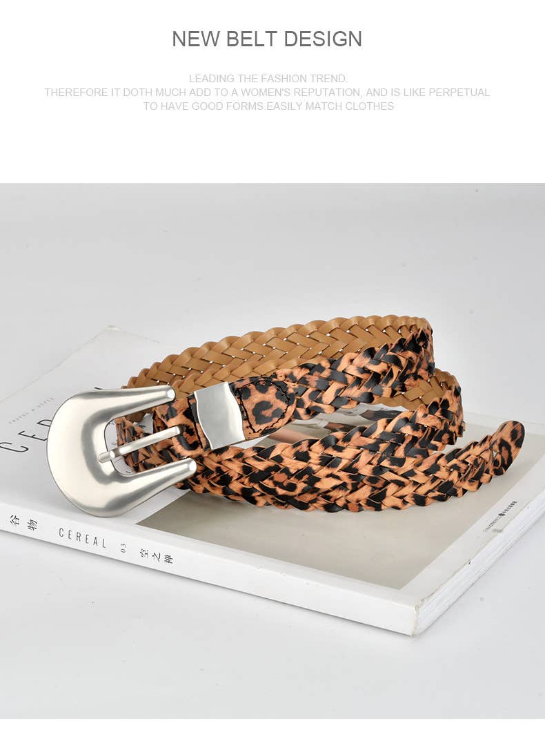 Woven Leopard Print Belt with Silver Buckle