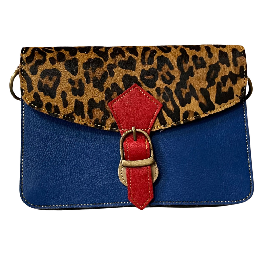 Blue Animal Print Leather Crossbody with Red Buckle