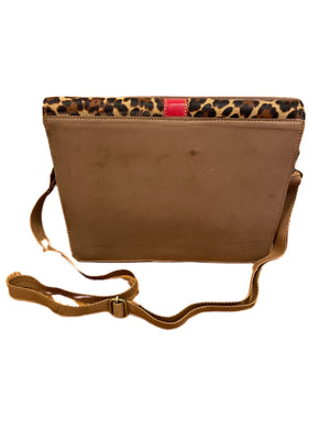 Royal blue and red leopard print medium leather satchel bag