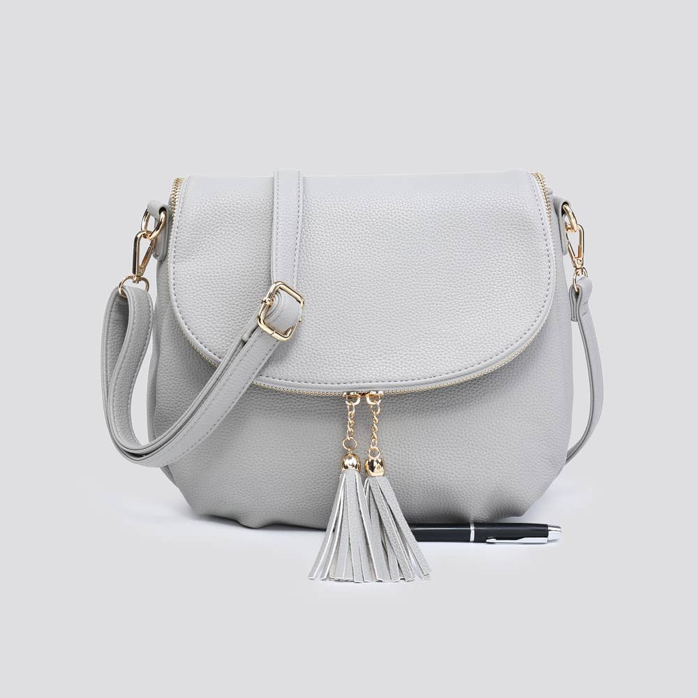 Faux Leather Flap Over Crossbody Bag with Tassel Zipper