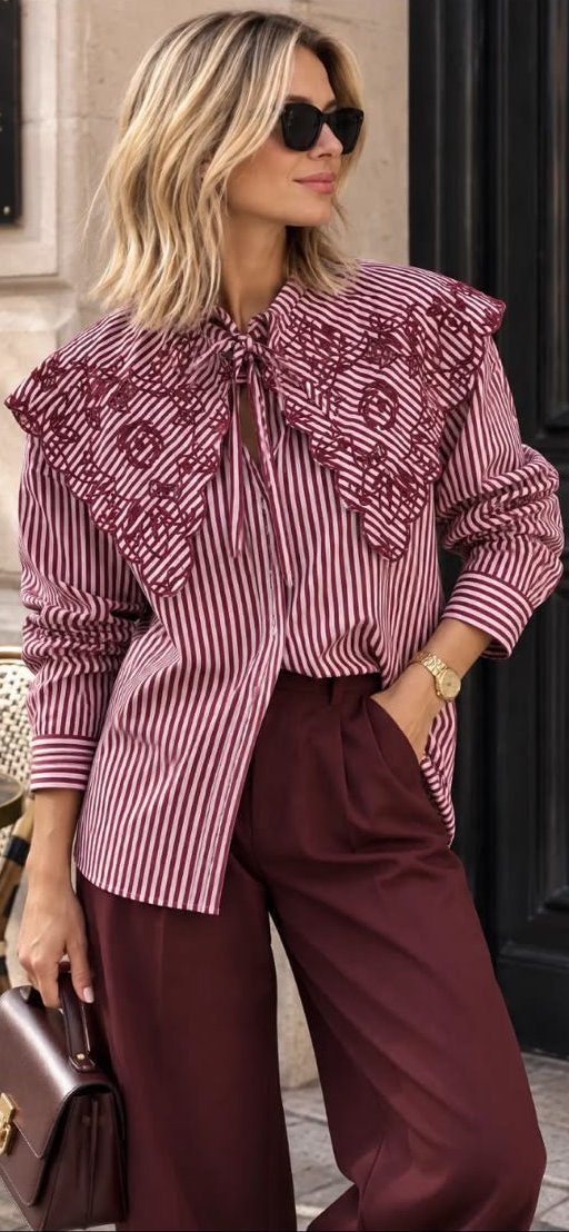 PRE-ORDER Burgundy Stripe Over-Sized Lace Collar Shirt