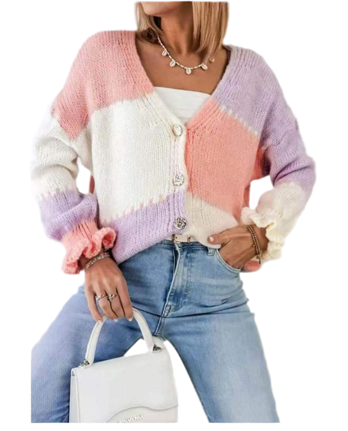 Patchwork style cardigan - coral, lilac, cream