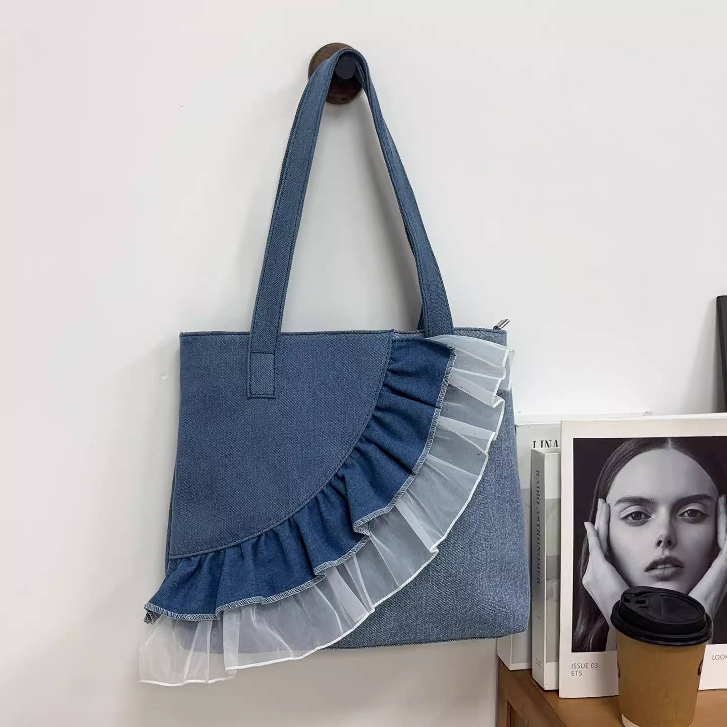 Blue Denim Shoulder Bag with Layered Mesh Ruffle