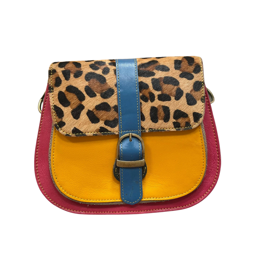 Red and Yellow Animal Print Half Moon Crossbody Bag