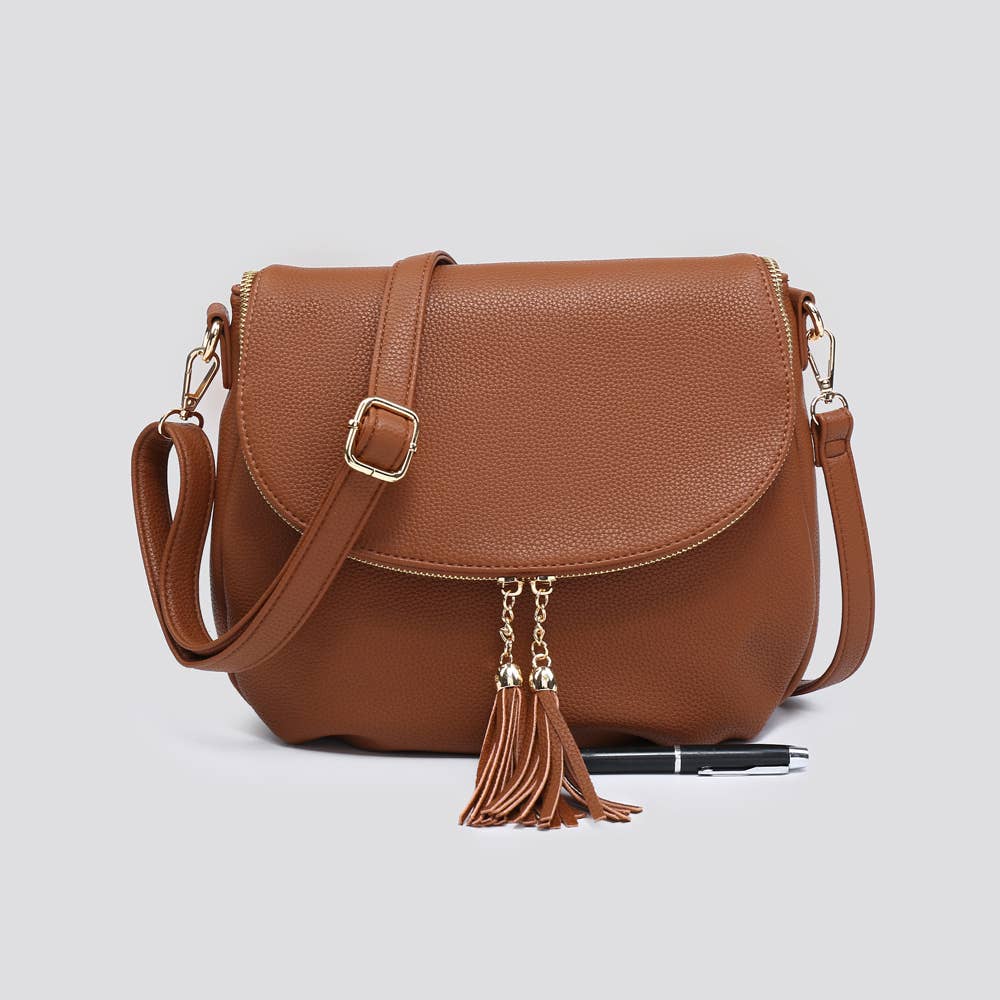 Faux Leather Flap Over Crossbody Bag with Tassel Zipper