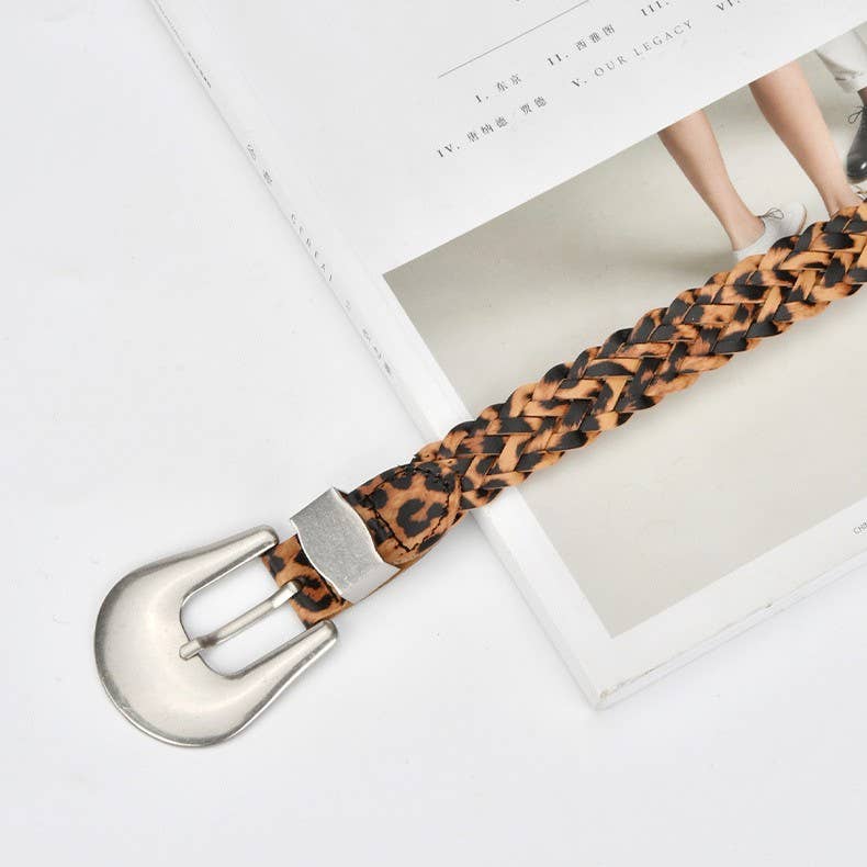 Woven Leopard Print Belt with Silver Buckle