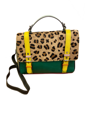 Animal print green and bright yellow leather satchel