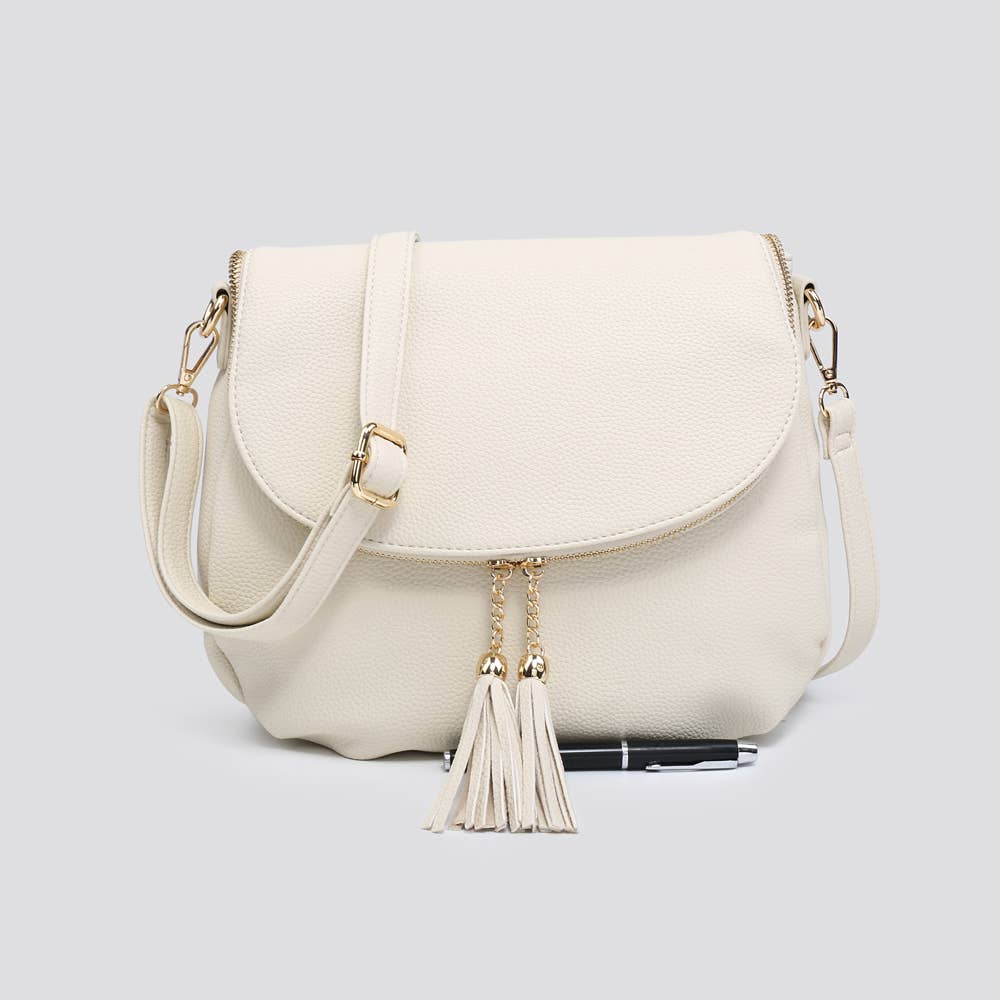 Faux Leather Flap Over Crossbody Bag with Tassel Zipper