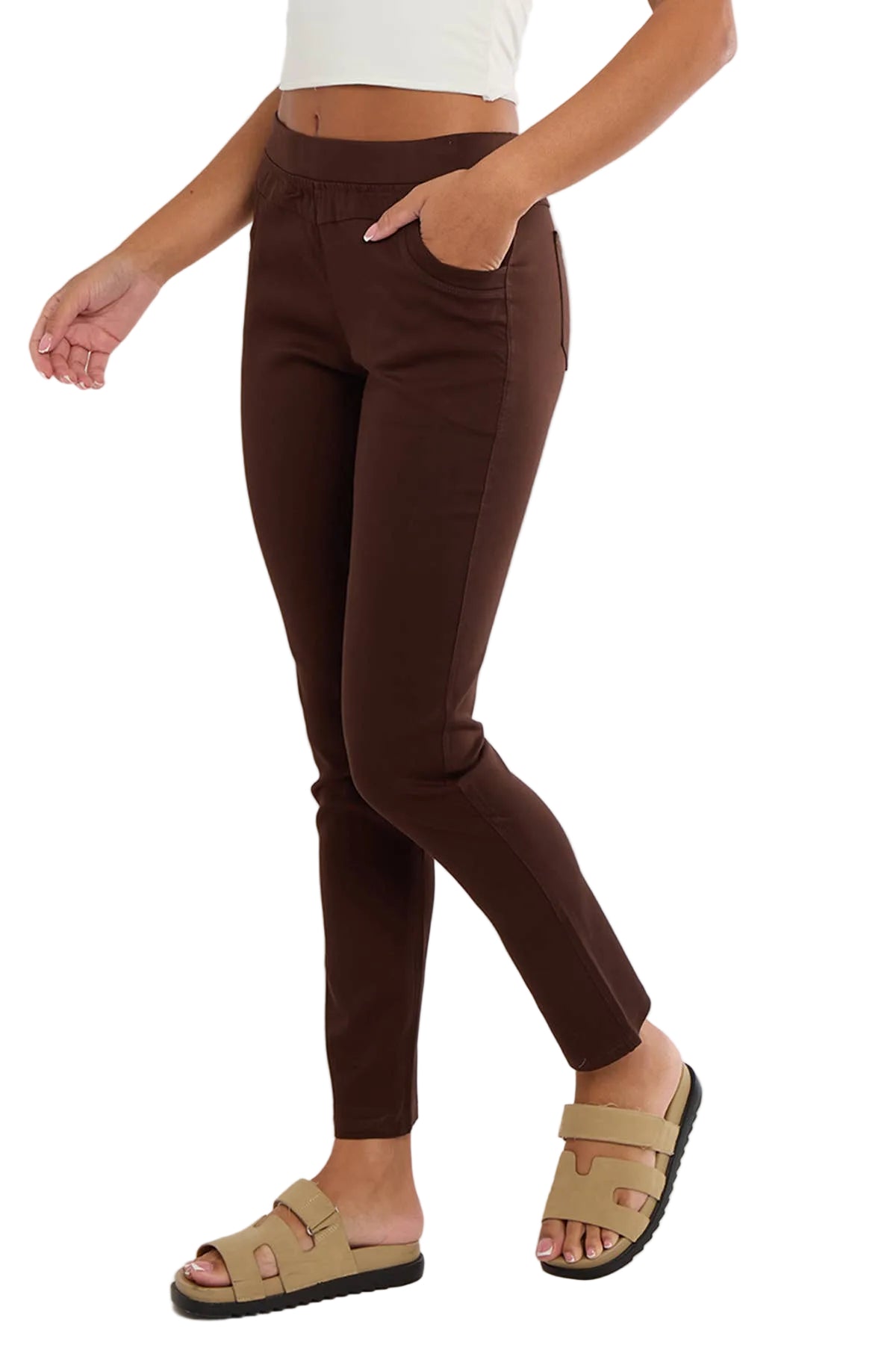 Super Soft High Waist Pull-on 4 Way Stretch Magic Trousers Brown