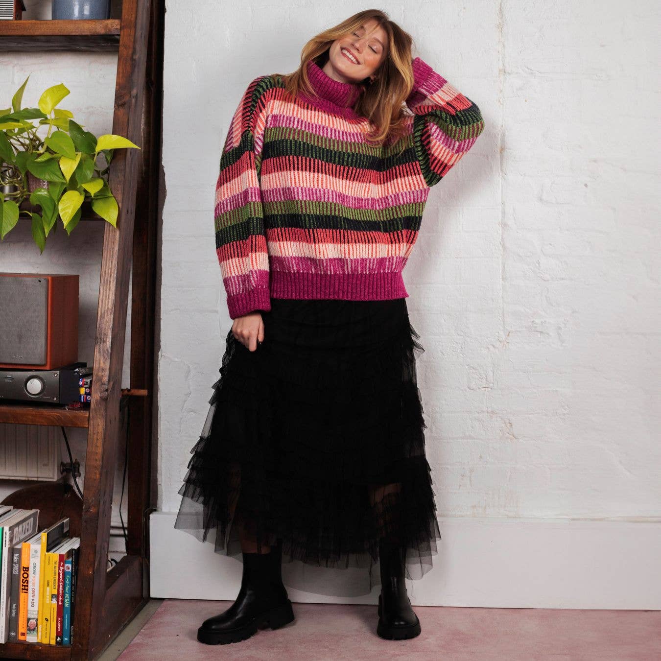 Cara & the Sky Tasha Oversized Balloon Sleeve Stripe Roll Neck Jumper - Purple