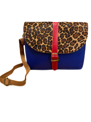 Royal blue and red leopard print medium leather satchel bag
